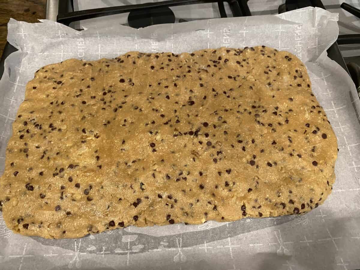 chewy chocolate chip bars ready to bake